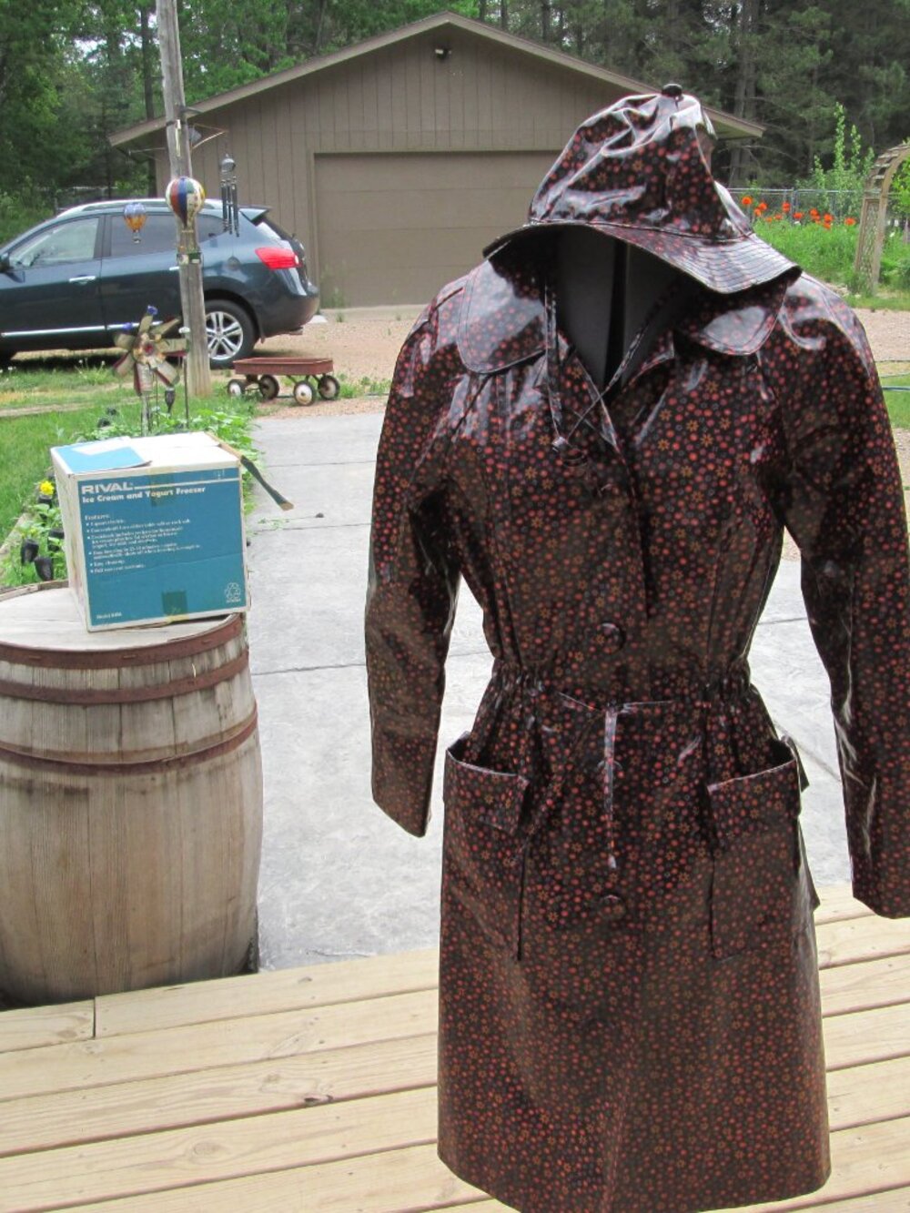 MOD 60s vinyl glam fitted Raincoat with floppy tie hat black orange floral